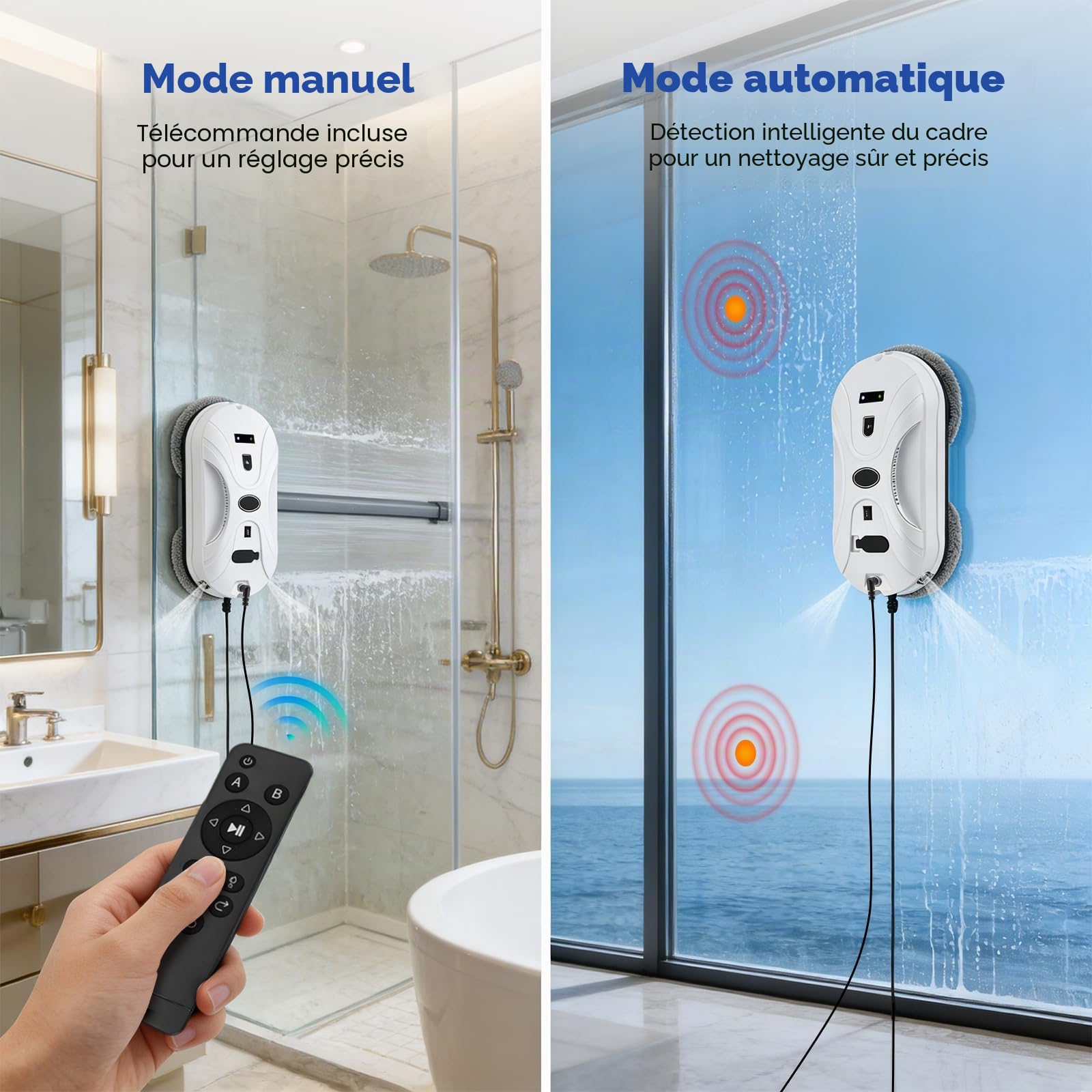 Robot Laveur de Vitre, 5800Pa Robot Nettoyeur Vitre avec Double Pulvérisation D'eau, 3 Modes de Nettoyage, Télécommande, Navigation Intelligente, Protection Antichute＆10 Chiffons, Pour Surfaces Lisses