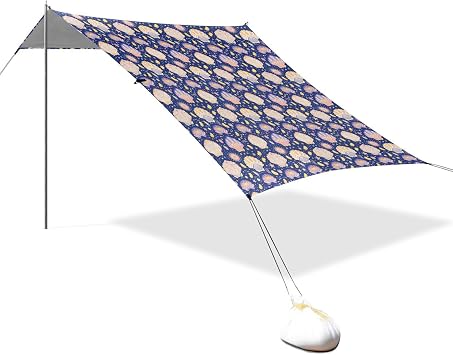 Colorful Sea Shell Dark Blue Foldable Beach Tent UPF50+ Lightweight Shade Sun Shelter with Sturdy Poles, Sandbags and Shovel for Family Travel