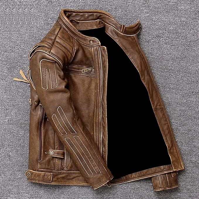 Image of inchClassic Brown Cowhide Men's Genuine Leather Jacket: Stand Collar Trucker Motorcycle Biker Vintage Style inch