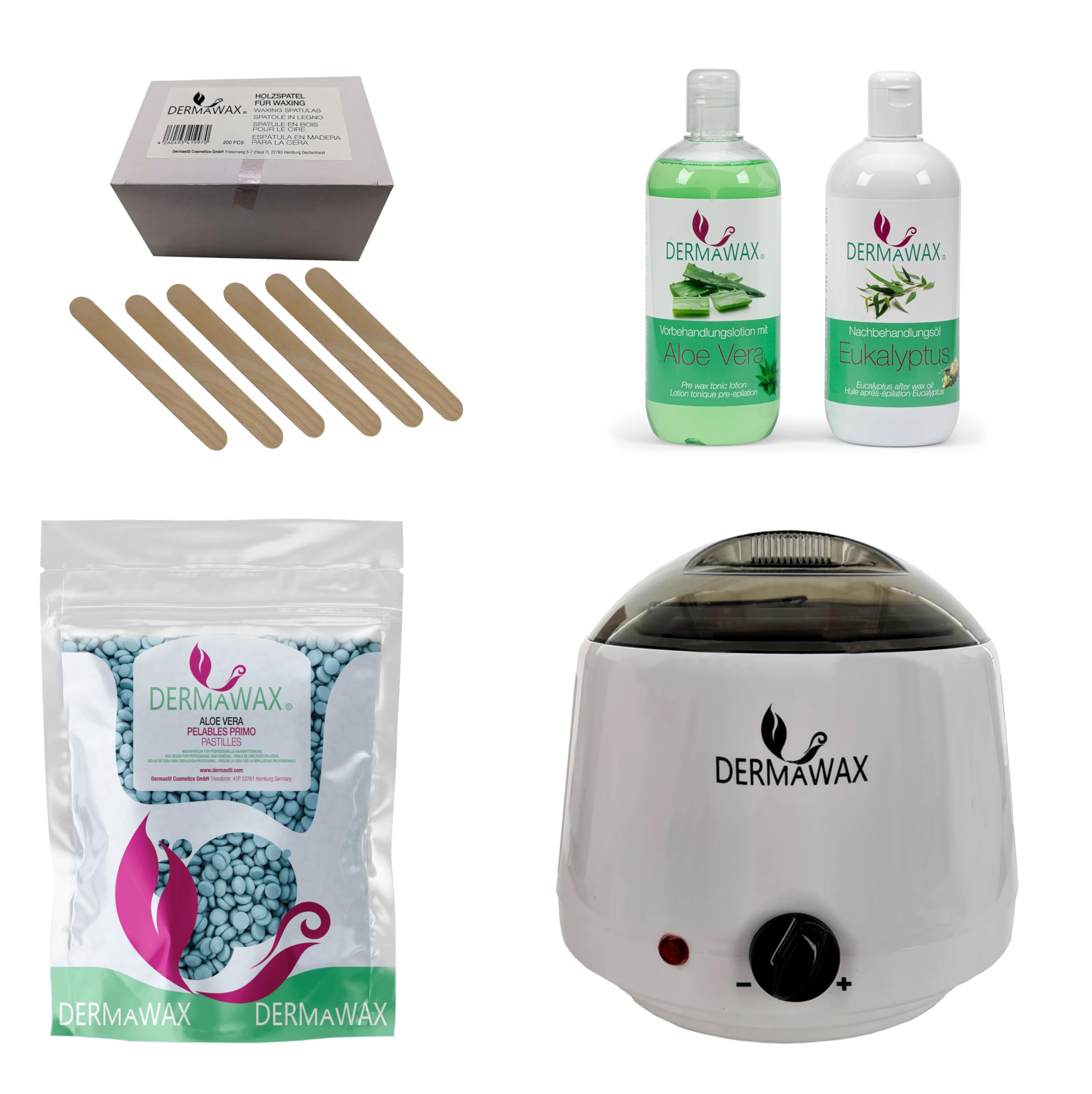 Dermawax Set professionale per cera, 1000 ml, prodotto in Spagna, 1 kg di perle di cera di aloe vera, 500 ml, lozione pretrattamento di aloe vera, 500 ml, olio di post-trattamento, 200 pezzi