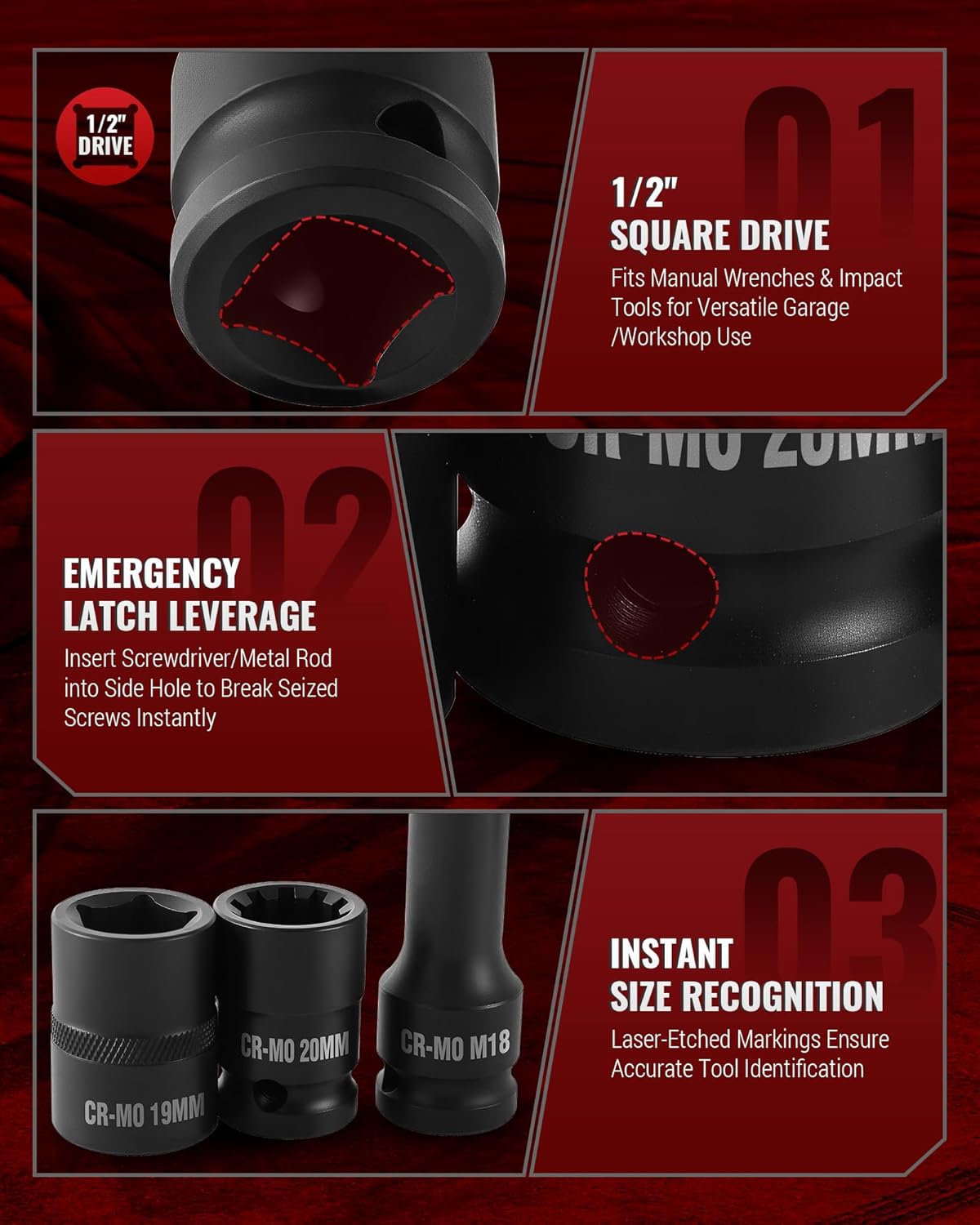 16-Piece Impact Brake Caliper Socket Set, 1/2" Square Drive Brake Adjusting Tool Kit Compatible with Audi Benz BMW Porsche Ford VW