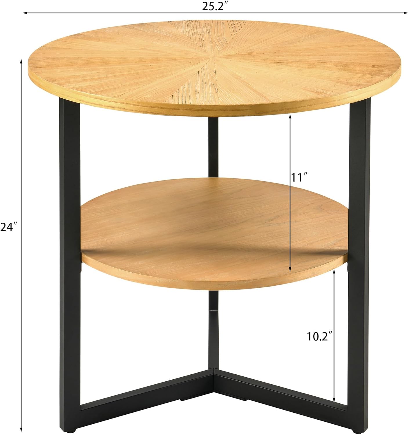 MODERION Round Large End Table with 2 tire Storage Shelf, 25.2” Solid Wood Sofa Side Table with Black Metal Frame, Beside Table for Living Room,Small Space,Natural CJZ1338OA