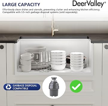 DeerValley White Farmhouse Sink 24 Inch, Single Bowl Farmhouse Kitchen Sink with Grid, Strainer & Workstation Accessories