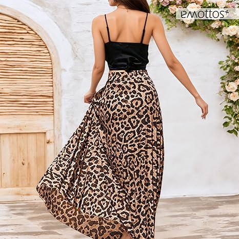 Bufgaceh Falda Larga De Cintura Alta Elástica Para Mujer, Estilo Bohemio, Estampado Floral, Casual, Con Volantes, Plisada, Acampanada, Para La Playa, Rosado