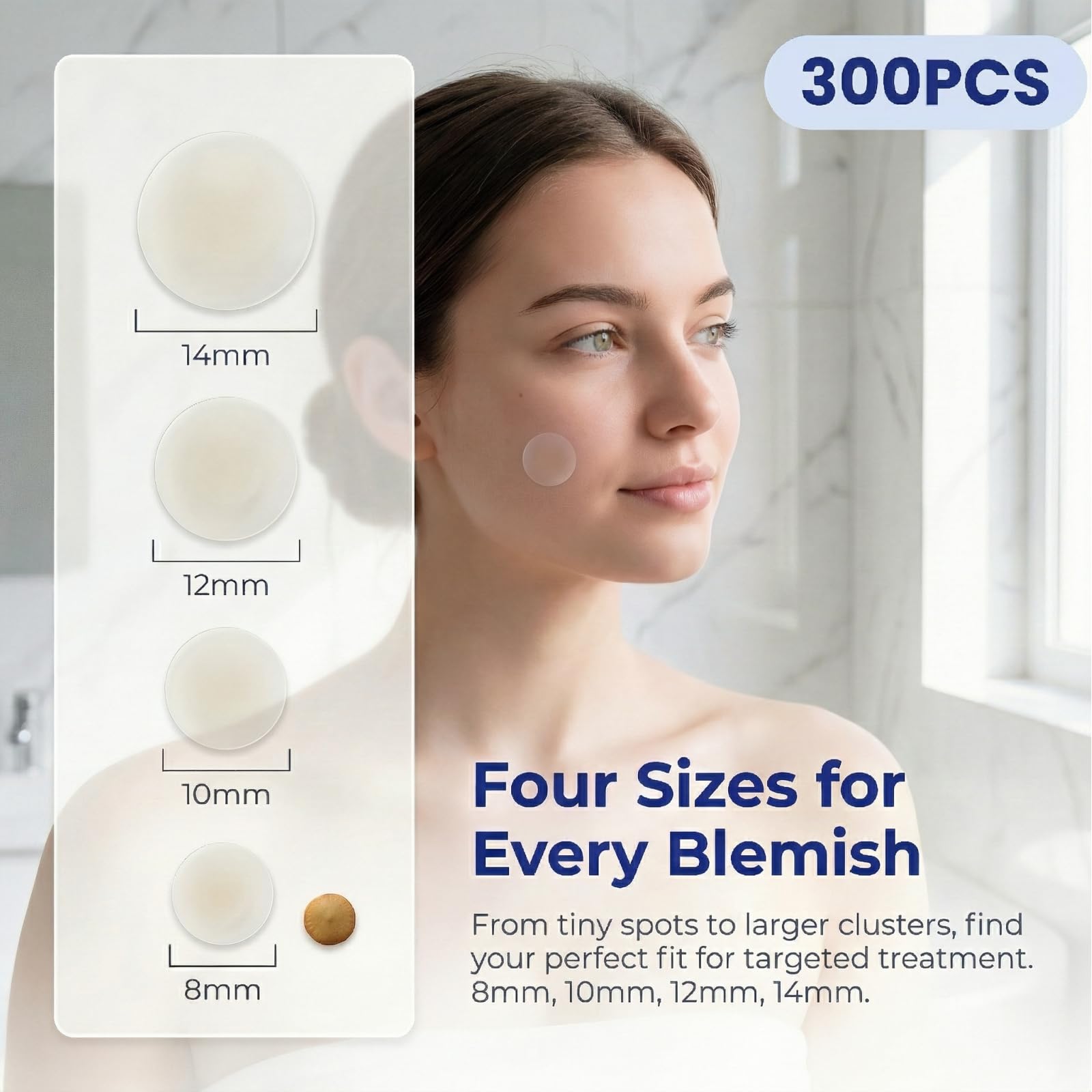 300 Pièce Patch Bouton Acne, Invisible Hydrocolloïde Pimple Patches, 2-In-1 de Jour et de Nuit Avec Huile De Tea Tree & Acide Salicylique, Imperméable & Transpirable pour Skincare (8/10/12/14mm)