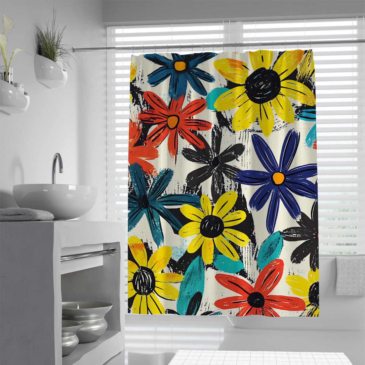 UIRINGART Yellow Navy Blue Shower Curtain W200xL200cm Bold Floral Sketch Print Waterproof Polyester Mildew Resistant Quick Dry Bathroom Decor with Hooks