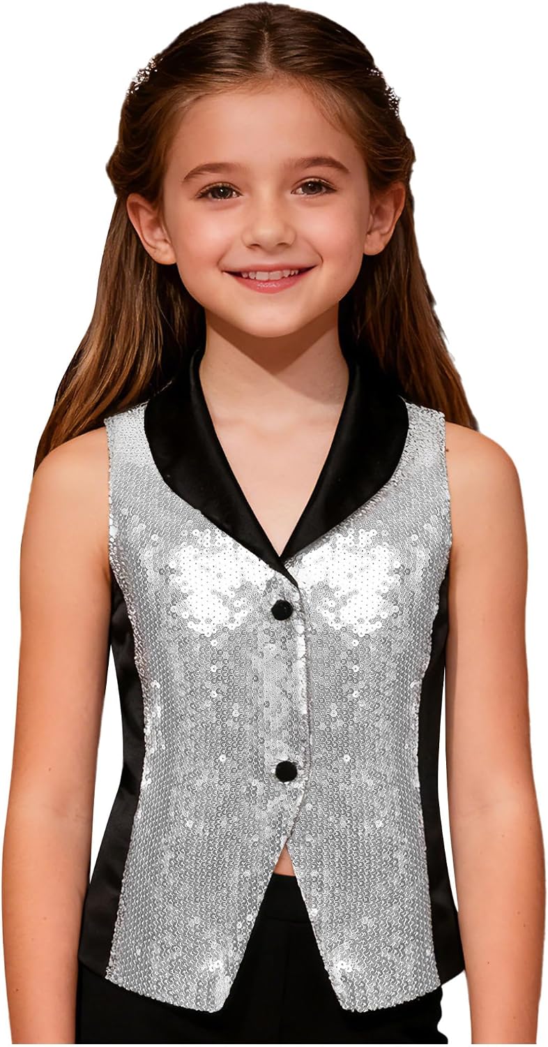 Hularka Girls Glitter Sequin Vest Top Sparkly Dance Party Kids Lapel Sleeveless Button Jacket Waistcoat