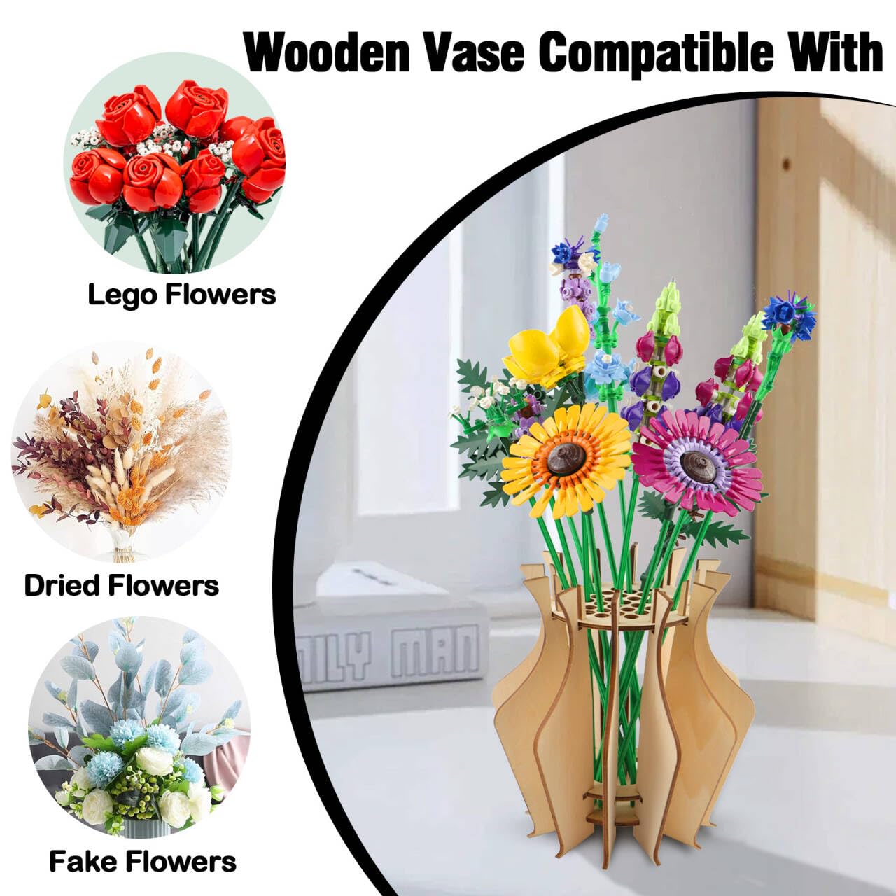 Vase for Lego Flowers - Wooden Puzzle Flower Vase for Lego Flower