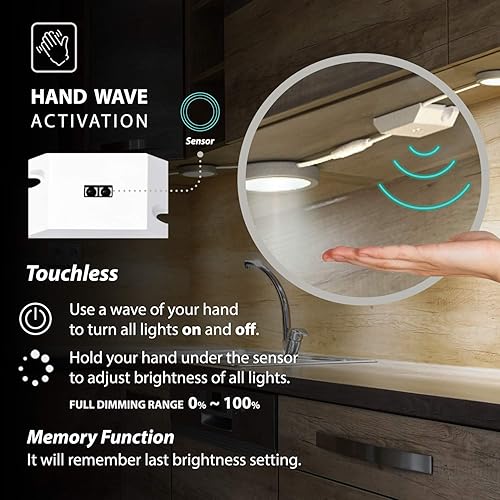 Miniatura 2 de EShine Luces de disco para debajo del gabinete con sensor de onda manual, luces LED circulares para gabinete, regulables, paquete de 6, blanco frío