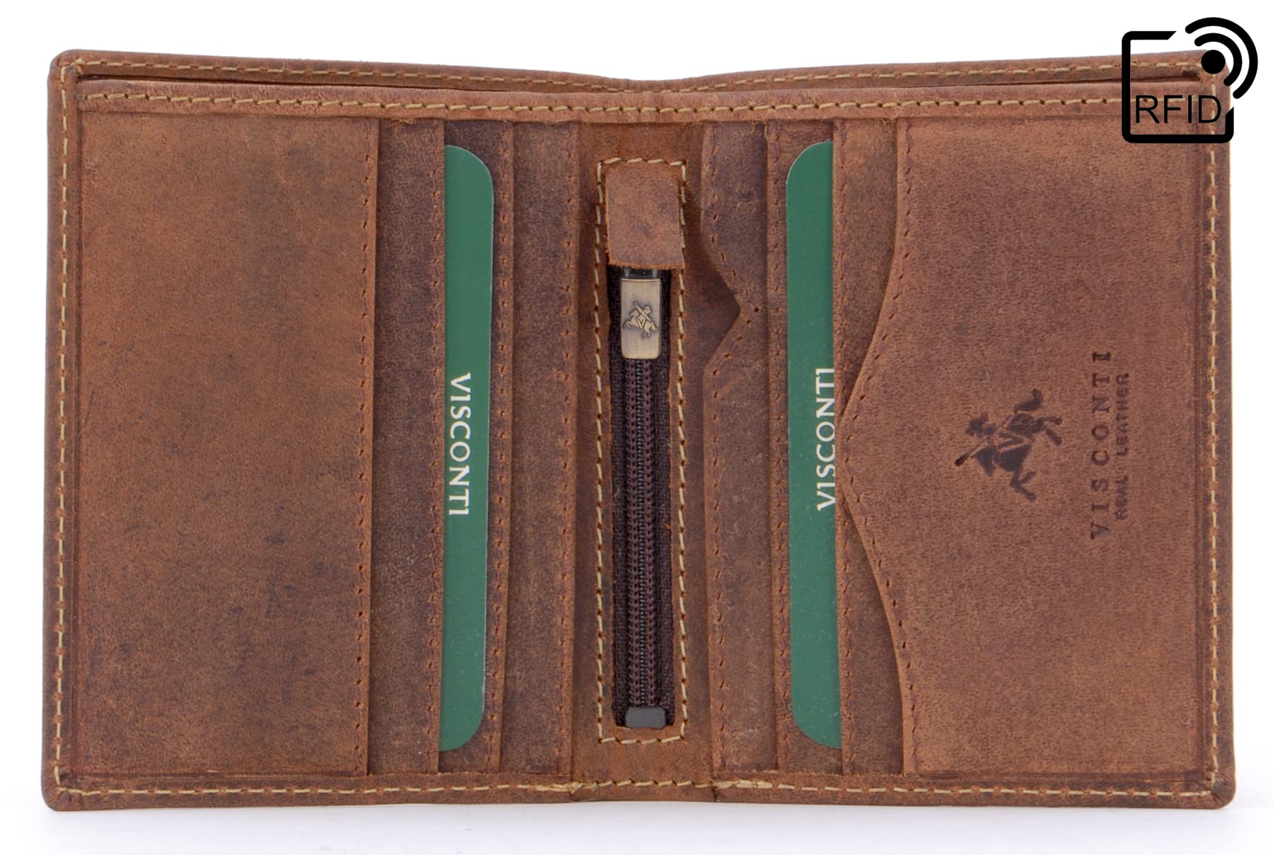VISCONTI - Portafoglio Uomo Compatto in Pelle - Porta Carte di Credito per 6 Carte con Portamonete - Due Pieghe - RFID - 705 Arrow Olio Marrone Chiaro
