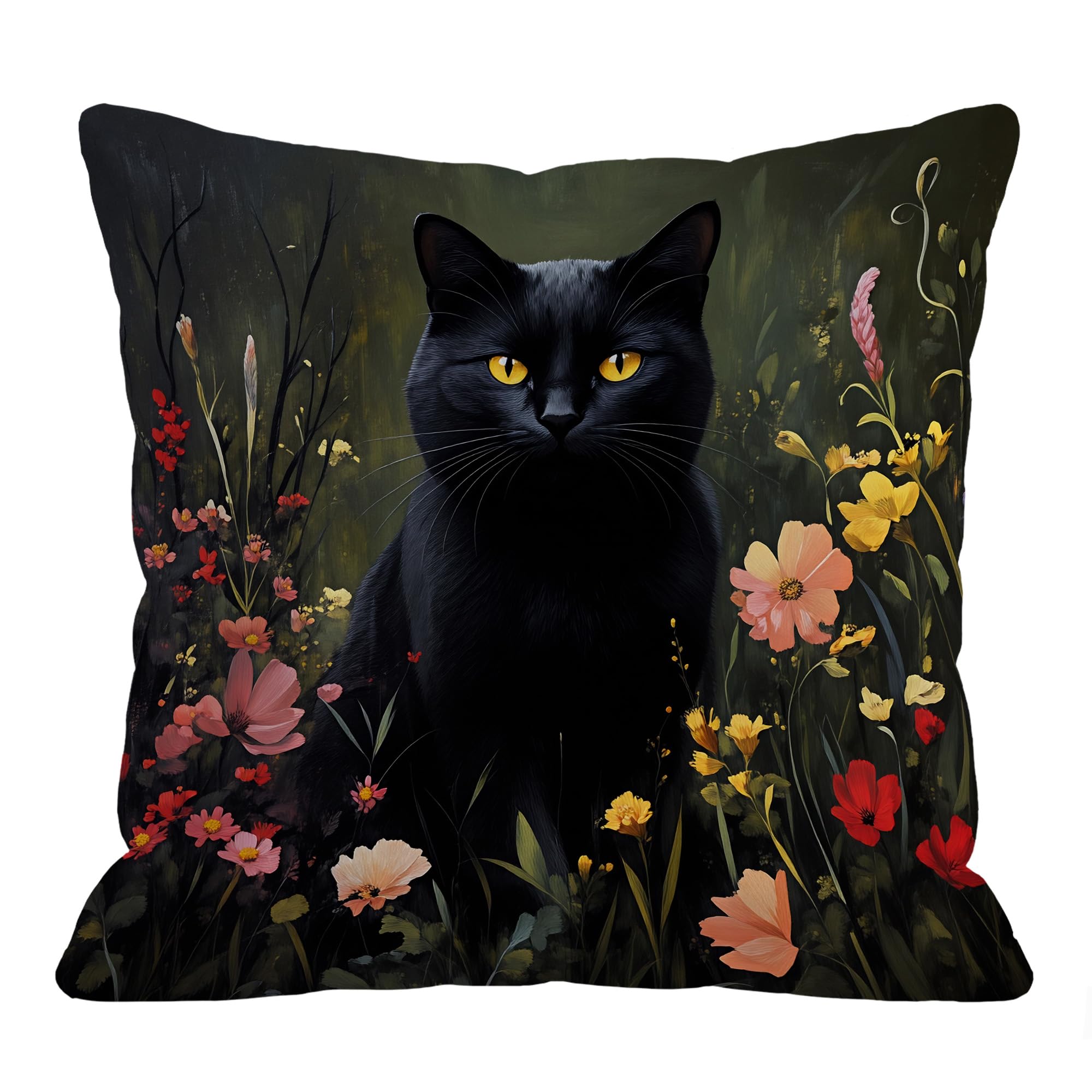 LASLEN Decorative Black Cat Flower Cushion Covers Cute Style Throw Pillow Covers Square Pillow Case for Sofa Bedroom Outdoor Balcony, 45 x 45 cm