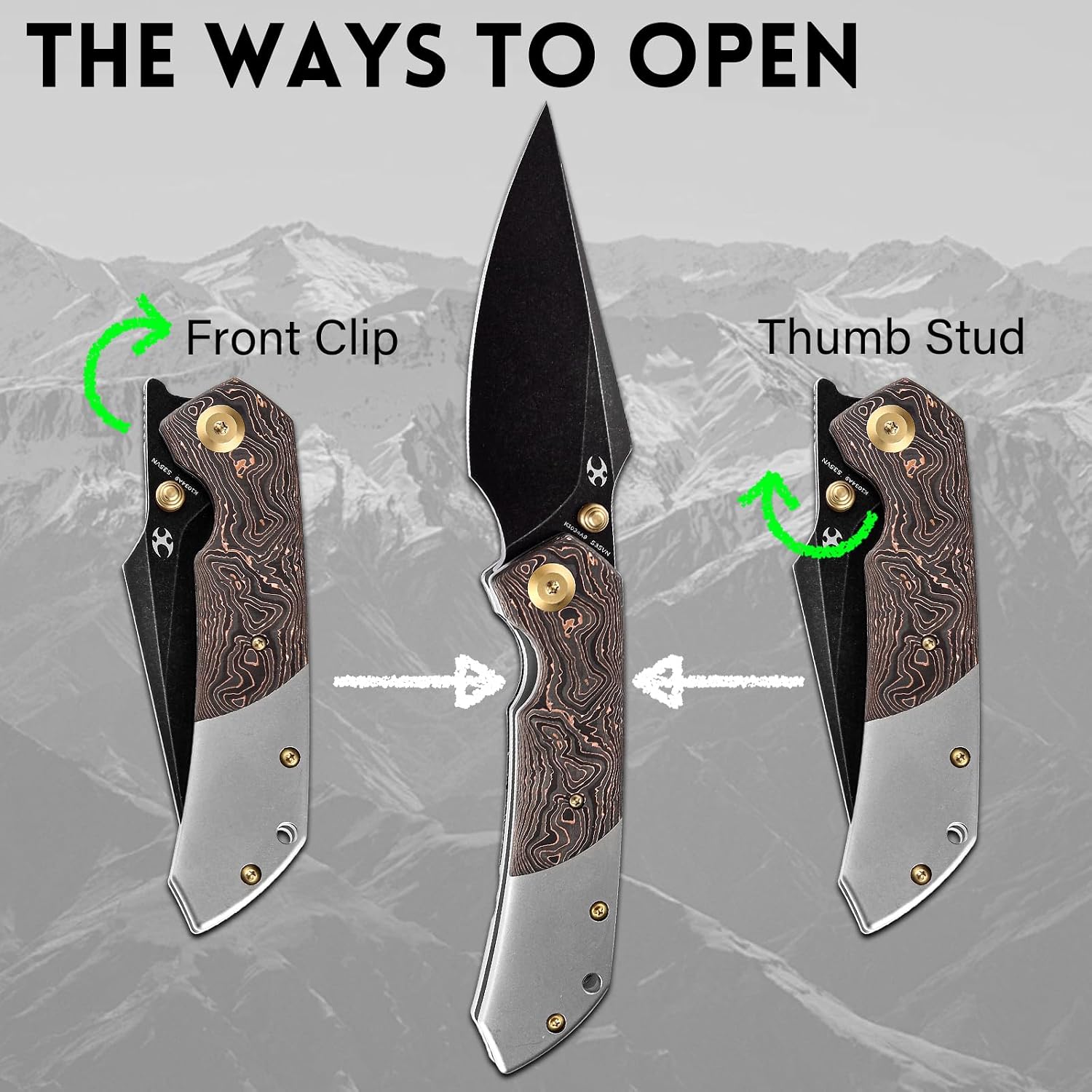 KANSEPT Fenrir Pocket Knife, 3.48" Blackwash CPM S35VN Harpoon Blade, Titanium Handle Copper Carbon Fiber Inlay, Thumb Stud & Liner Lock with Deep Clip EDC Knives for Camping Hunting Survival K1034A9