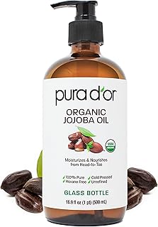 PURA D'OR 16.9 Oz Organic Jojoba Oil (GLASS BOTTLE) USDA Certified - 100% Pure & Natural Moisturizer - Cold Pressed, Unrefined, Hexane Free Base Carrier Oil For DIY Skin Care, Hair, Face & Nails