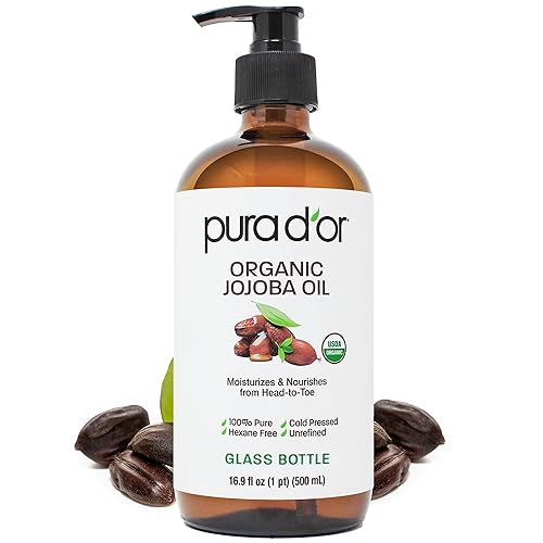 PURA D'OR Aceite de jojoba orgánico de 16.9 onzas (botella de vidrio) certificado por USDA, hidratante 100% puro y natural, prensado en frío, sin