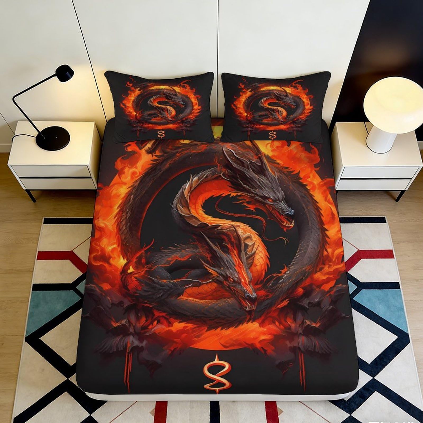3D Printed dragon Fitted Sheet, fiery pattern, soft touch Microfiber, wrinkle resistant, easy care, home decor, apartment bedding, slip resistant 90x200x25cm