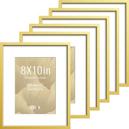 VCK 8x10 Picture Frame Gold 6 Pack, High-End Aluminum Metal Poster Frame with Tempered Glass, Display Photo 5x7 with Mat or 8x10 Without, for Home, Office, Studio and Gallery, Wall Hanging or Tabletop