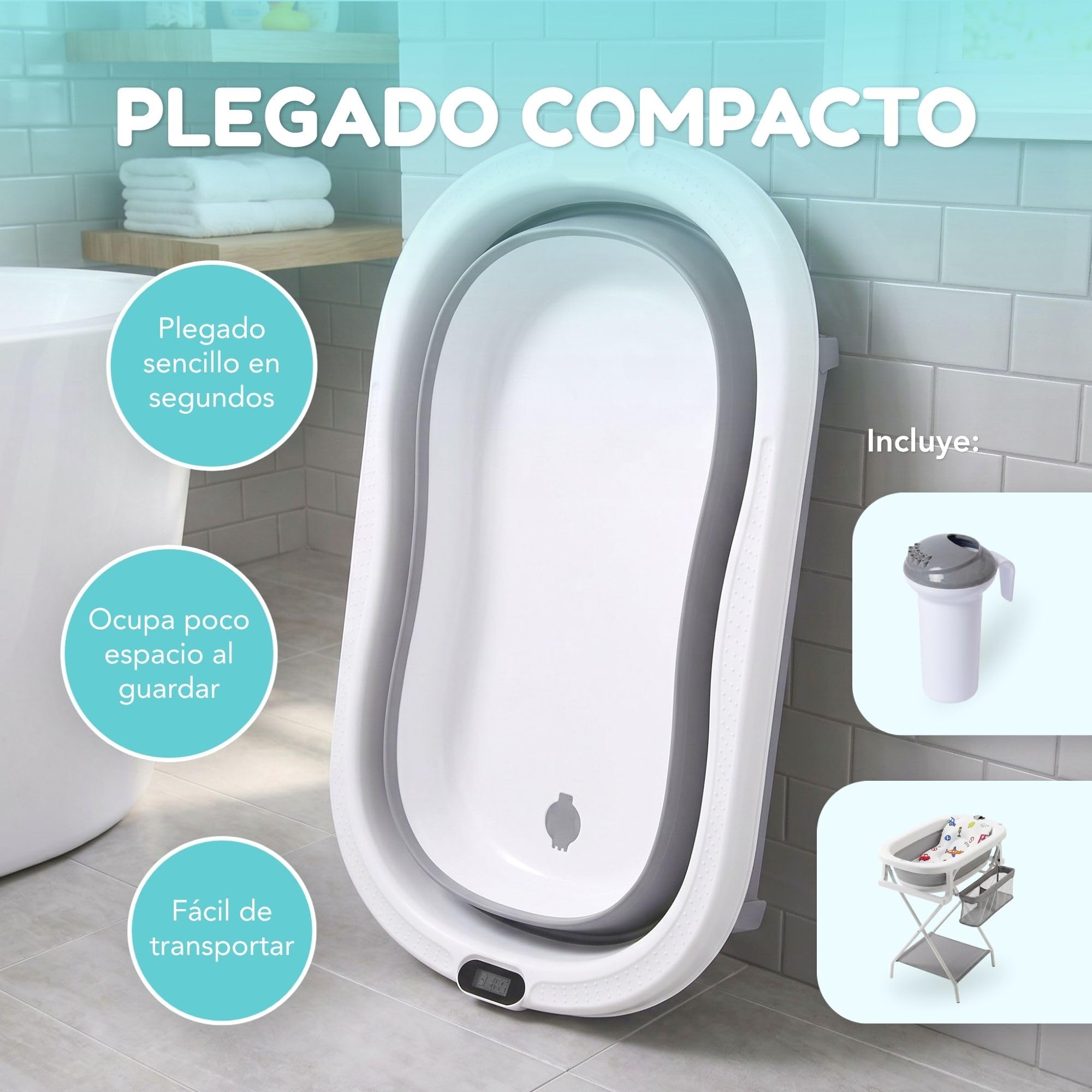 Bañera Bebe Con Patas - Incluye Termómetro Digital + Cojin Ergonómico + Jarra De Baño - Bañera Plegable Bebé - Patas Antideslizantes - Banheira Bebe Con Soporte - Ver Instrucciones Montaje