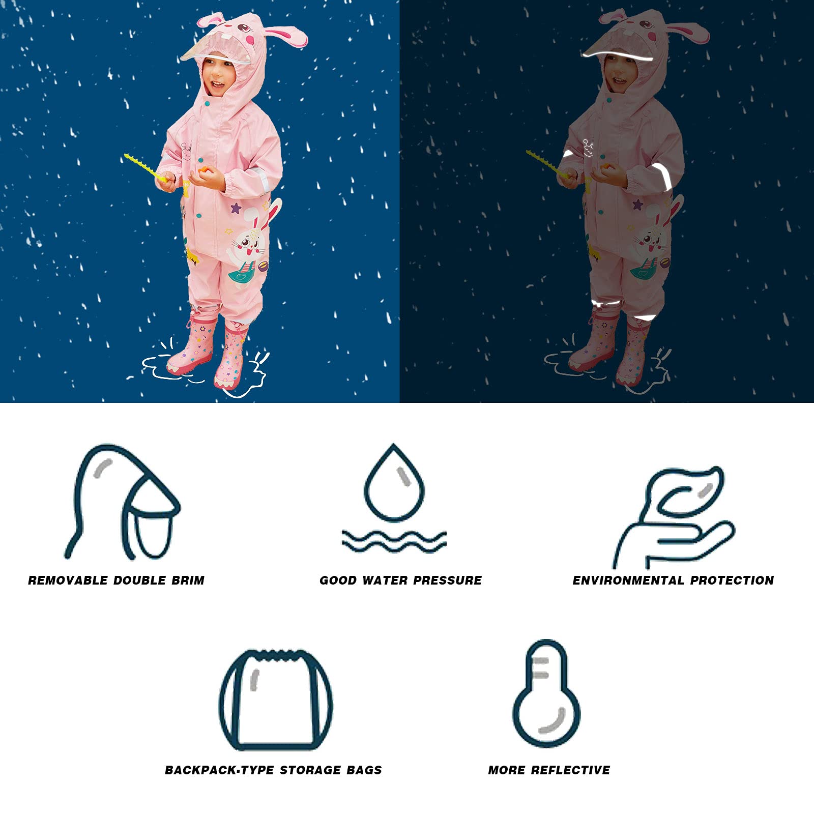 JinBei Imperméable Garçon Fille à Capuche Combinaison de Pluie Enfant Manteau Veste Pantalon Dessin 3D Animé Mignon Cape Unisexe Léger Rayure Réfléchissante Randonnée Outdoor Imperméables 1-8 Ans