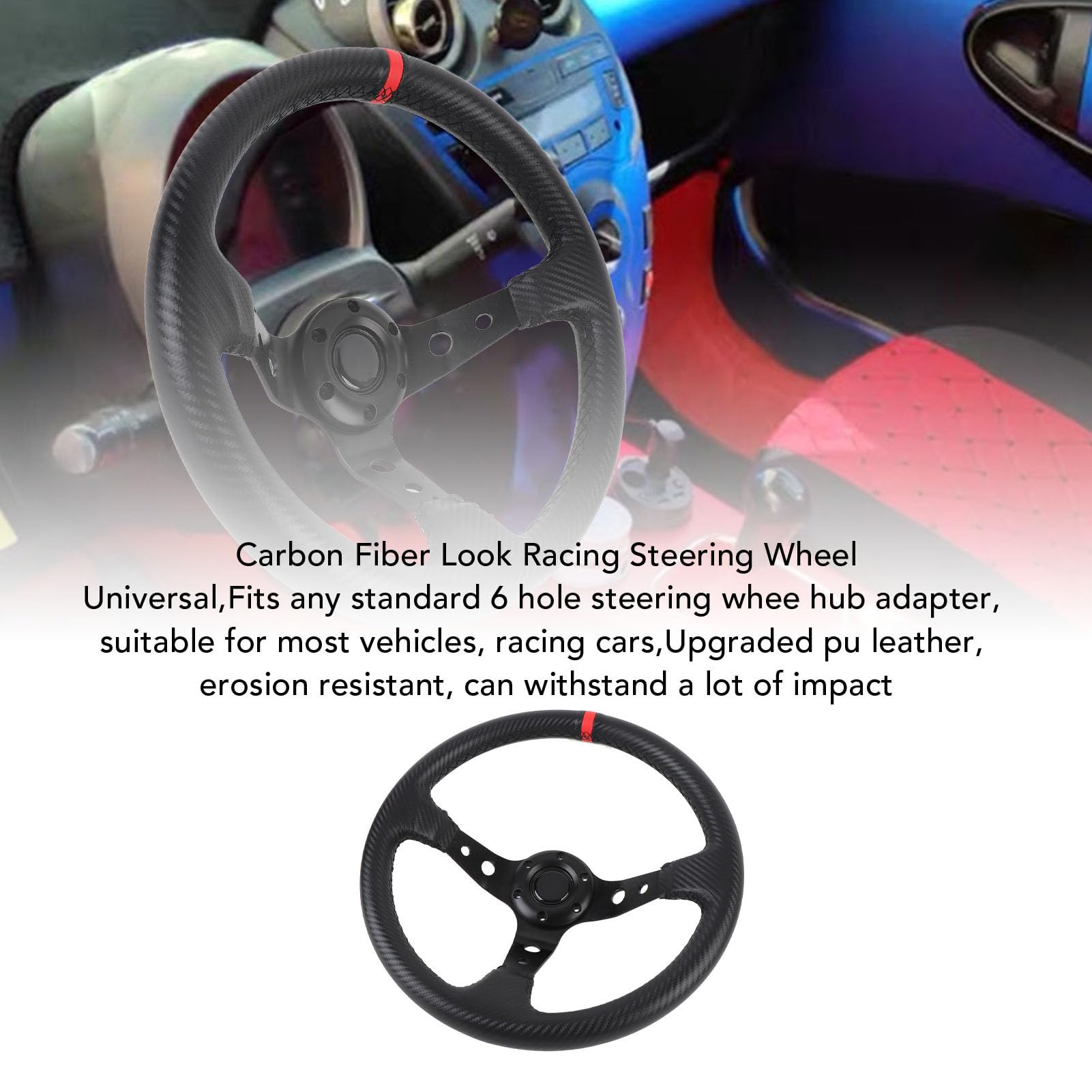 SIXRUN 14-Zoll-Carbonfaser-Lenkrad Universal-Sportlenkrad mit Hupenknopf für 6-Loch-Nabenadapter PU-Leder-Aluminiumrahmen (Rot)