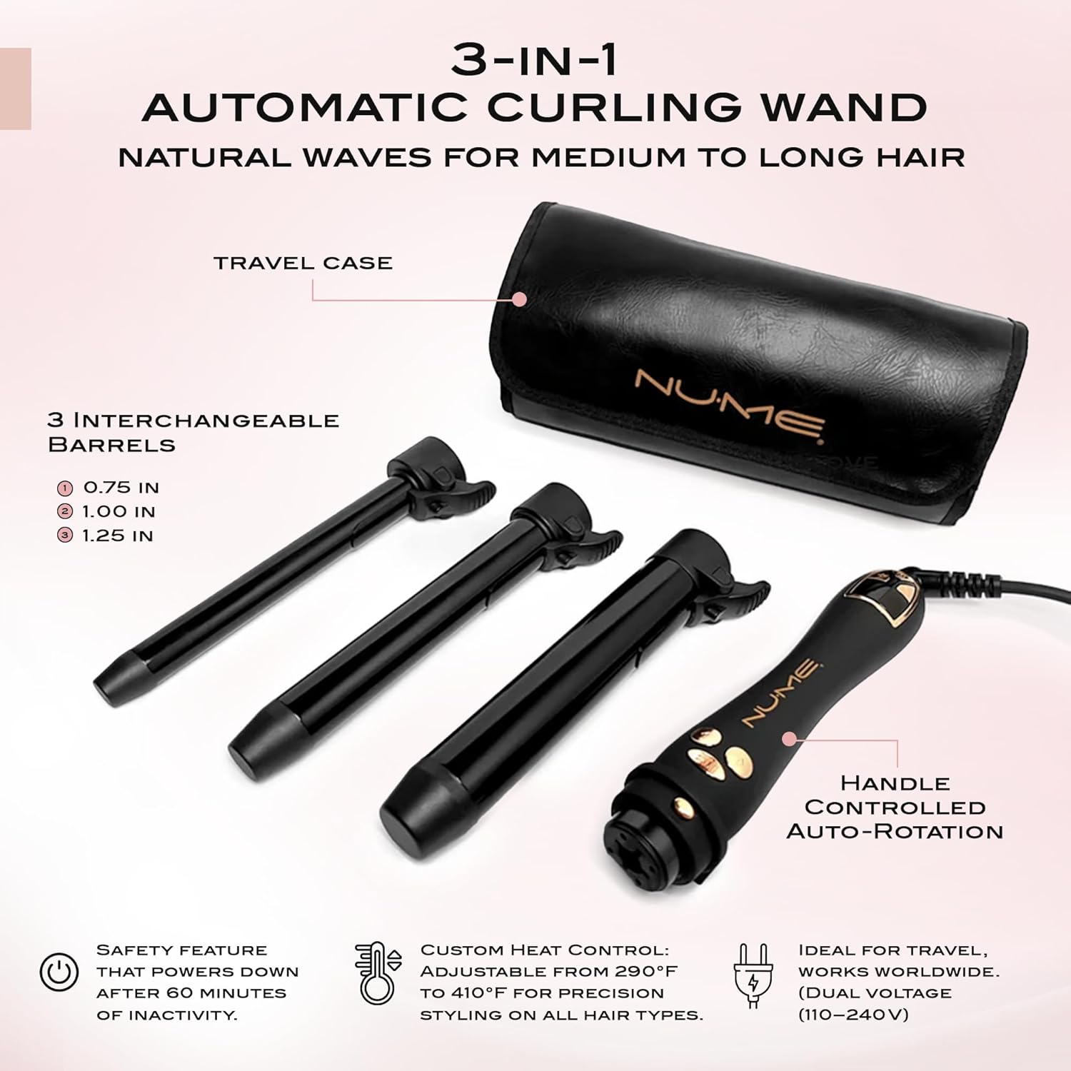 NuMe Automatic Curling Iron, 3 In 1 Curling Wand Set For Beach Waves, Hair Curler With 3 Interchangeable Tourmaline Ceramic Barrels, Professional Hair Curler Set for Short, Long Hair, Hair Styling Kit - Image 2