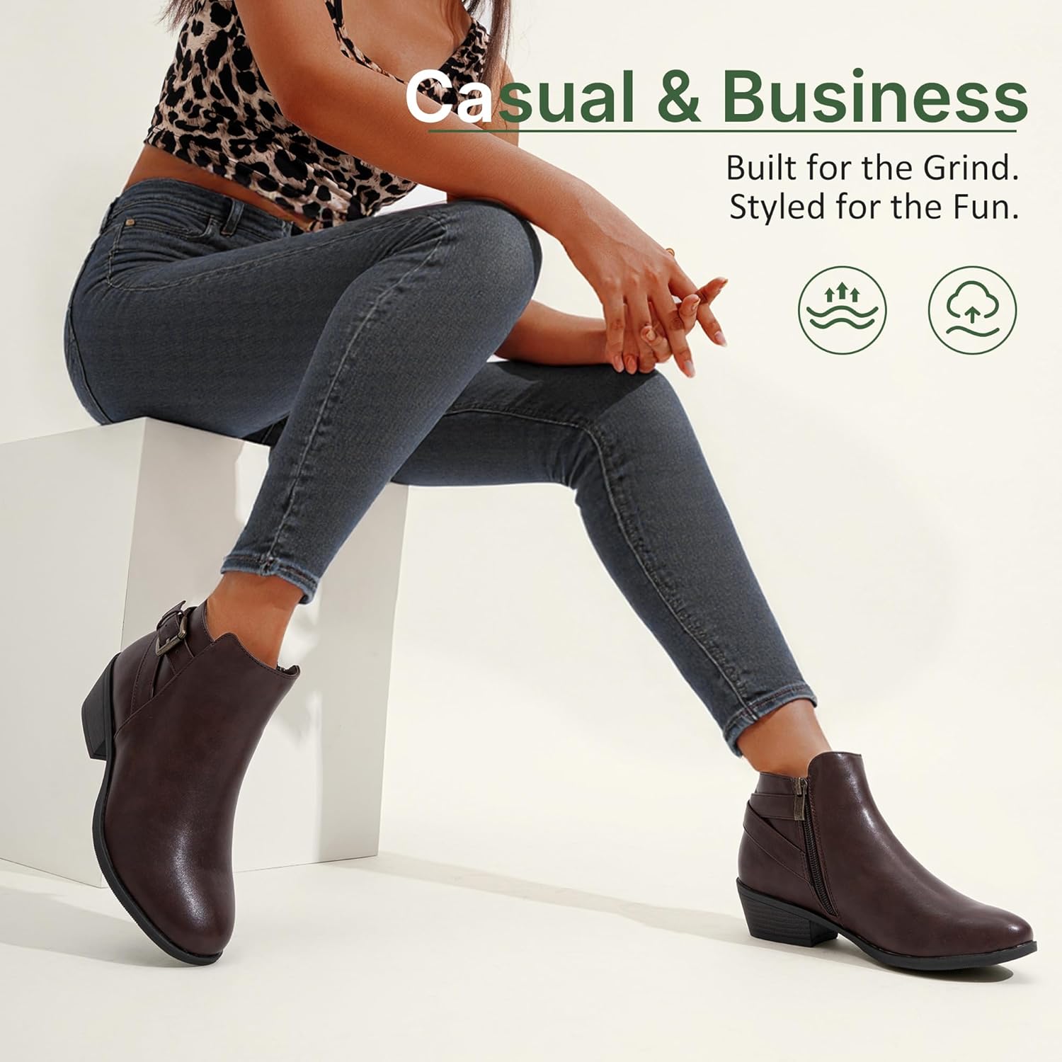 Vepose Women's Short Ankle Boots Low Heel, Western Cutout Perforated Booties - Image 8