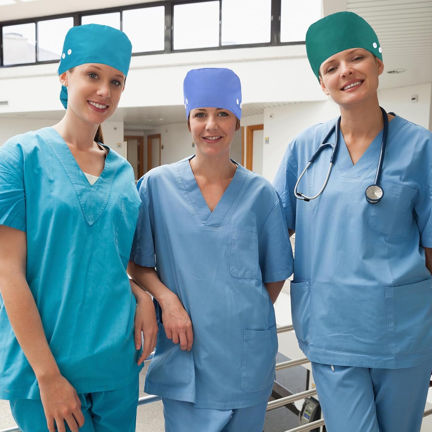 8 Pcs Satin Lined Scrub Cap Women Nurse Hat with Button and Sweatband Adjustable Bouffant Ponytail Surgical Cap