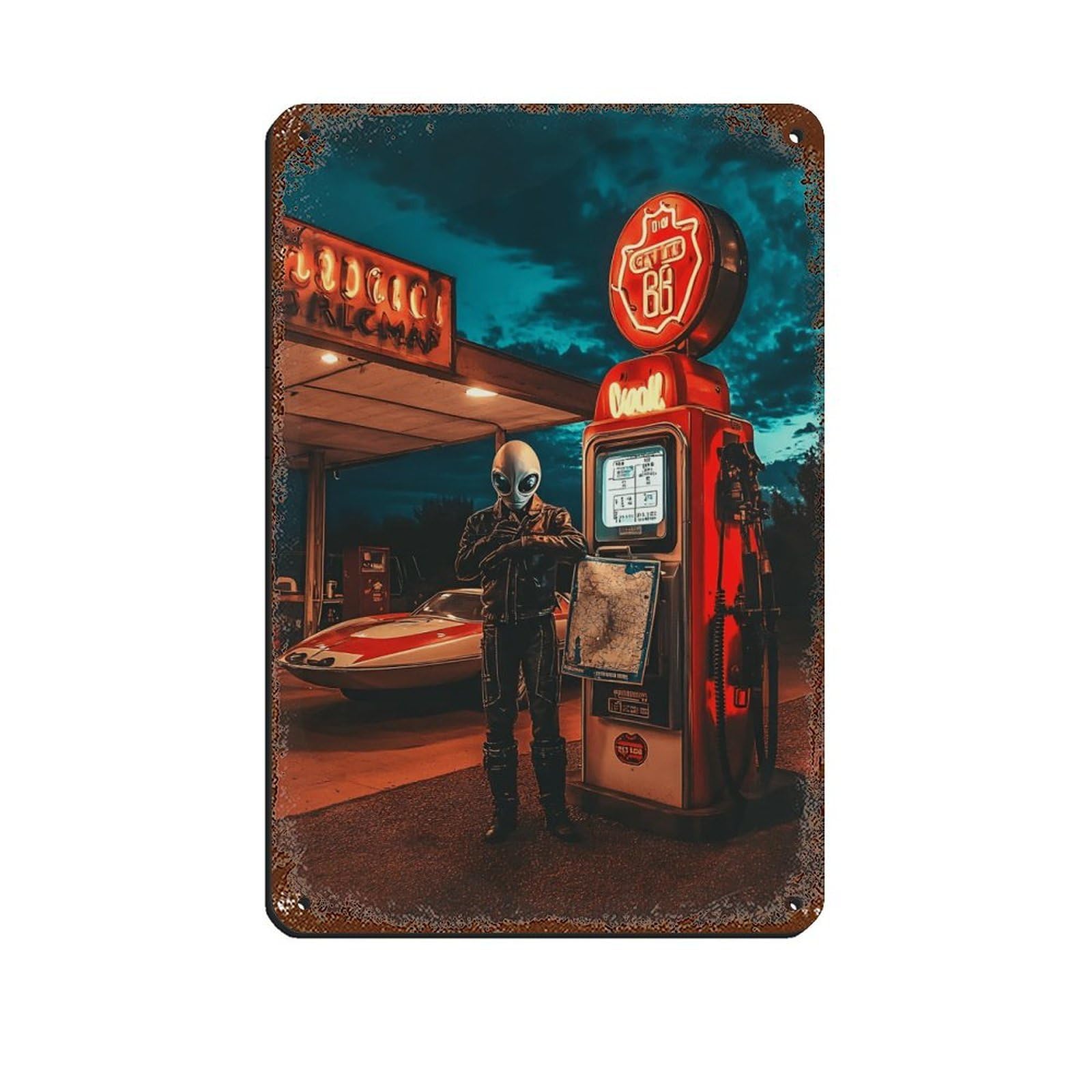 Vintage Alien Gas Station, Retro Sci-Fi Poster Retro Poster Metal Tin Sign Chic Art Retro Iron Painting Bar People Cave Cafe Family Garage Poster Wall Decoration 8x12inch(20x30cm)