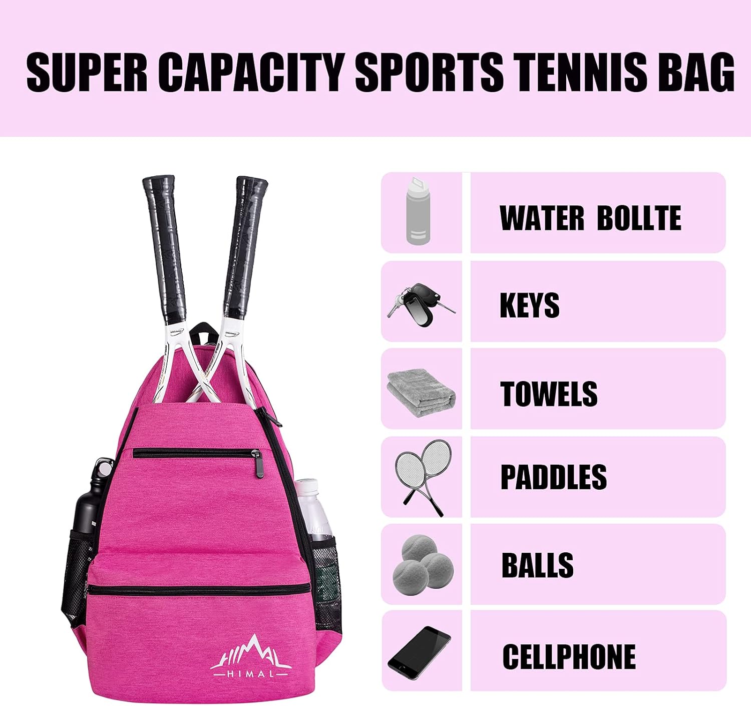 Himal Outdoors Tennis Backpack Tennis Bag - Large Storage Holds 2 Rackets and Necessities With Tennis,Pickleball,Racketball,Suitble for Women,Men and Teenagers,Rose Red : Sports & Outdoors