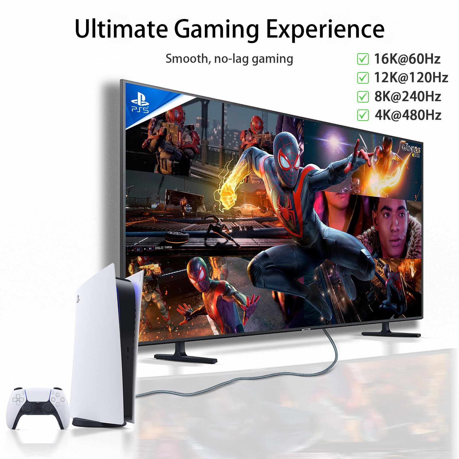 Cable HDMI 2.2 de 16 K de 3 pies, 96 Gbps de alta velocidad, 16 K a 60 Hz 8 K a 120 Hz 4K a 480 Hz, cable HDMI con eARC, HDCP 2.2 y 2.3, HDR10, eARC, VRR y ALLM, HDMI trenzado para PS5, Xbox Series X