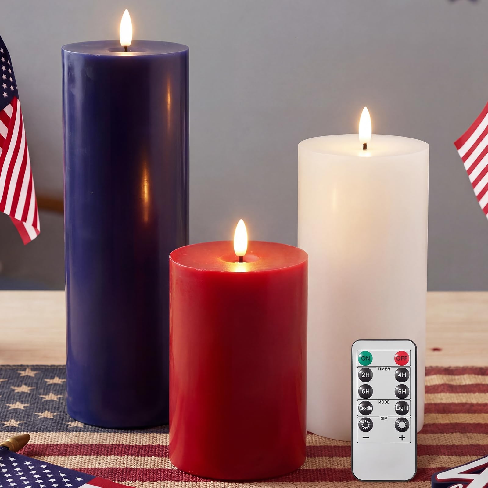 Retisee 3 Pcs 4th of July Large Flameless LED Battery Operated Candles with Remot and Timer Real Wax Candles for Indoor Outdoor Party Wedding Lights Decorations, Red, White, Blue