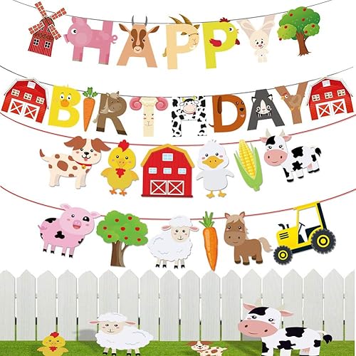 Decoración de fiesta de cumpleaños de animales de granja, pancarta de feliz cumpleaños con guirnalda de banderines de corral para niños y niñas,