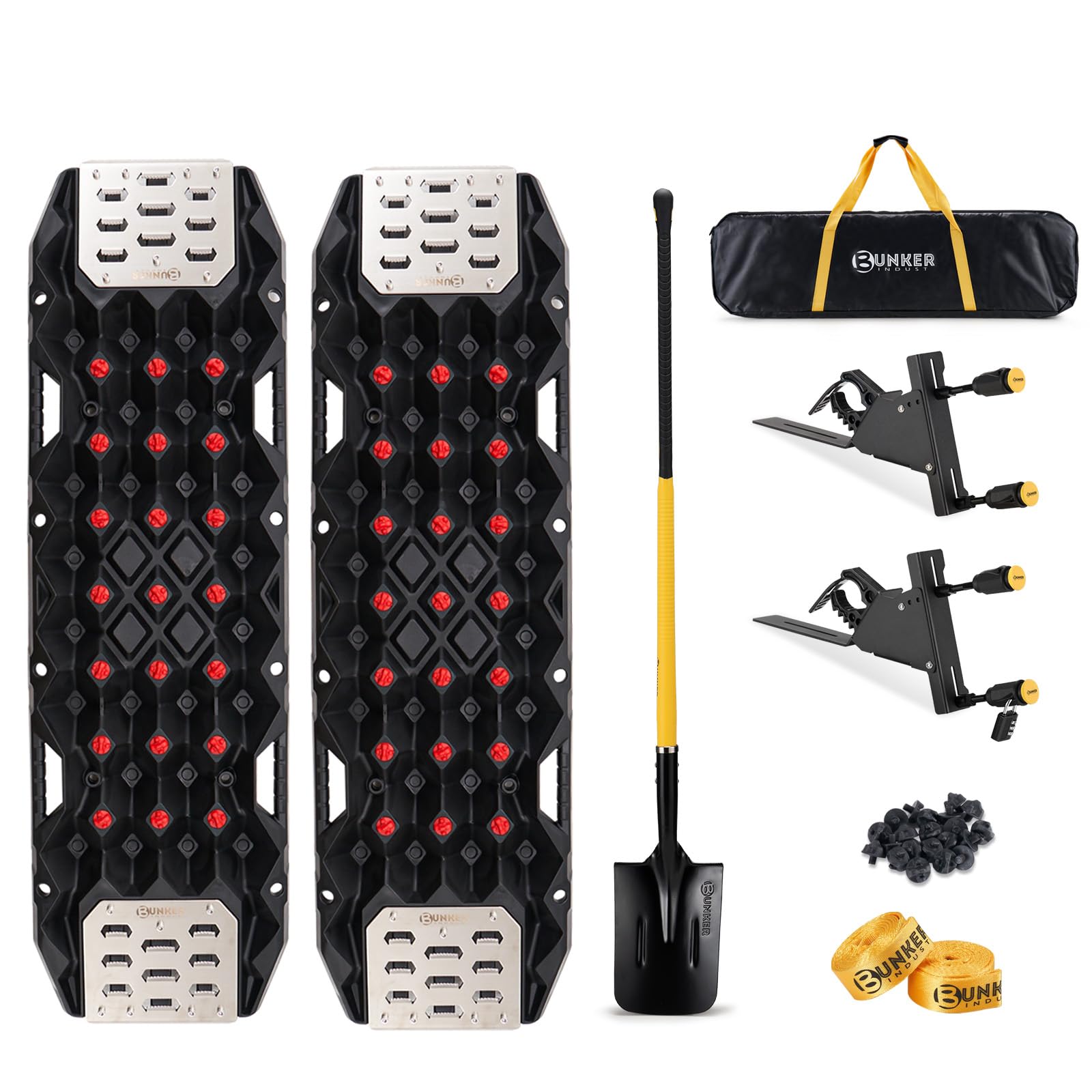 BUNKER INDUST Traction Board Recovery Kit, 2 Pcs Gen 11 Recovery Track with Carry Bag, Side Mount Bracket Kit with Lock, 1 Pcs 59 inch Square Shovel for Garden,Digging,Camping, 4x4 Off-Road