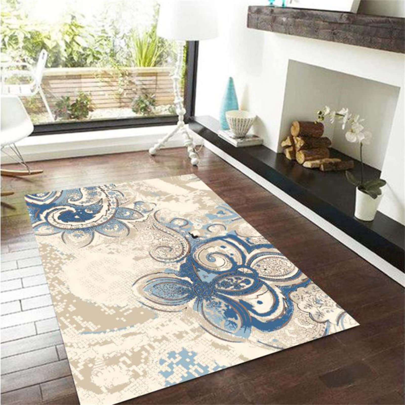 Tapis imitation cachemire lavable et antidérapant à motif fleur bleue