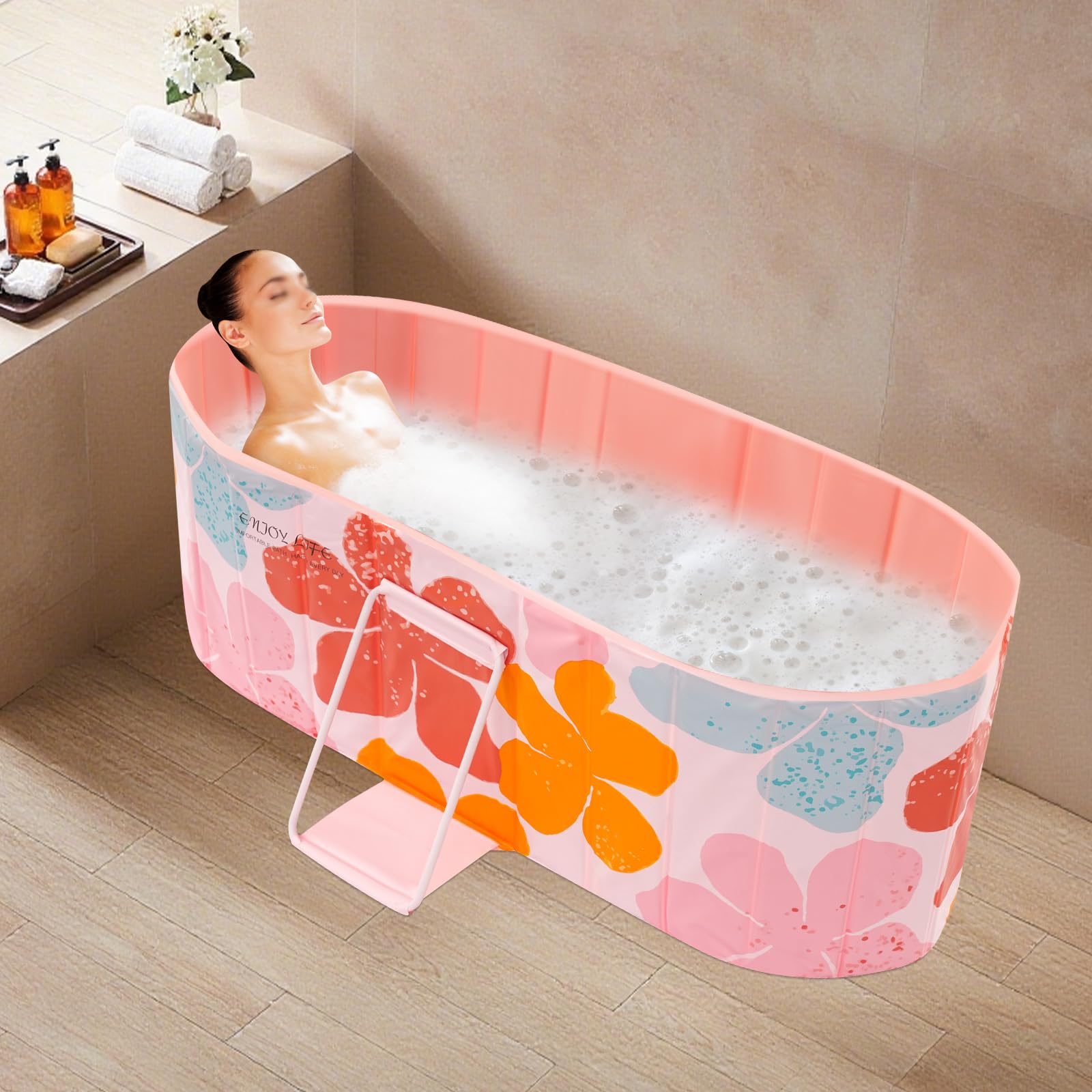 Składana wanna dla dorosłych, 150 x 55 x 50 cm, przenośna wanna spa z 2 otworami odpływowymi, mobilna wanna rodzinna, składana, bez montażu (kolor różowy)