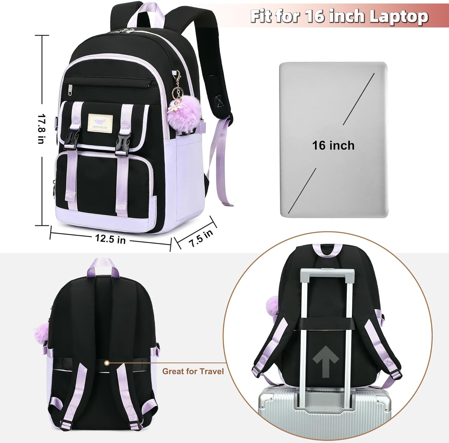 3 PCS Backpack for Teen Girls,Laptop Backpacks 15.6 Inch School Bag with Lunch Box Pencil Pouch Set for Students Aesthetic College Bookbag Travel Daypack(Black Purple) - Image 6
