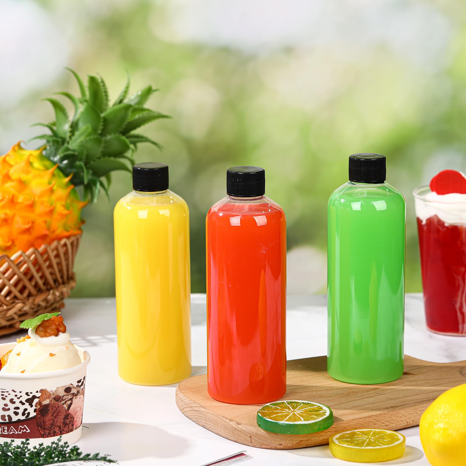 Dandat 100 bottiglie di plastica trasparenti per succhi di frutta, con tappo, riutilizzabili, trasparenti, con coperchio, etichetta, penna, per latte, bevande, pozioni, colpi di zenzero, whisky (283,5