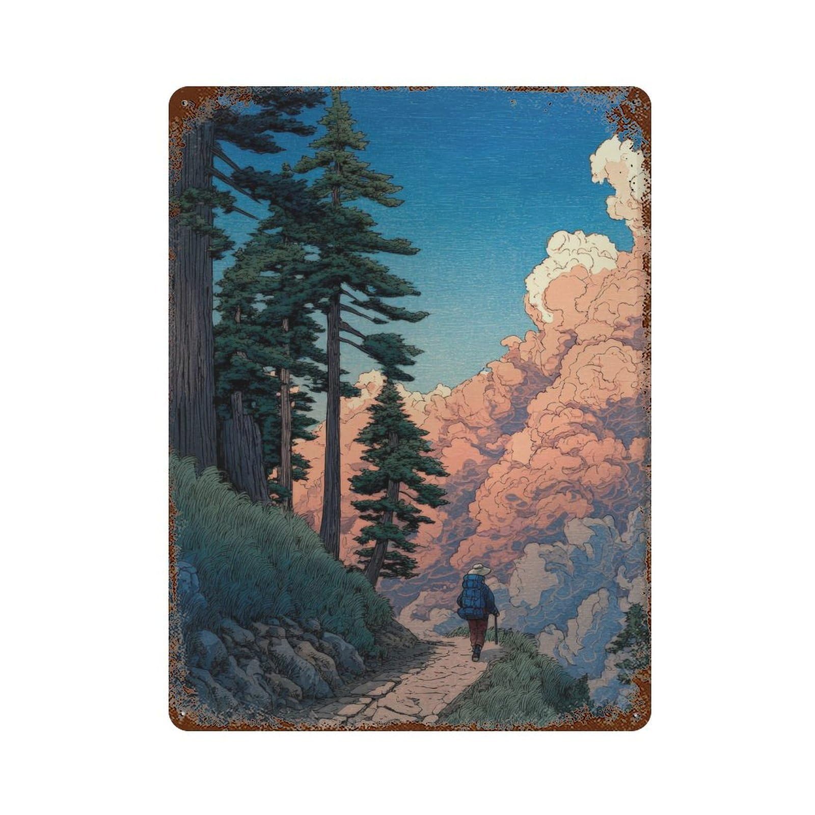 xiaoxiaoshen Hiker On Mountain Trail. Nature Illustration Scenic Landscape Wall Decor Art Metal Tin Poster Modern Home Decor Art Home Bar Shop Decorations Vintage Sign 40x30cm