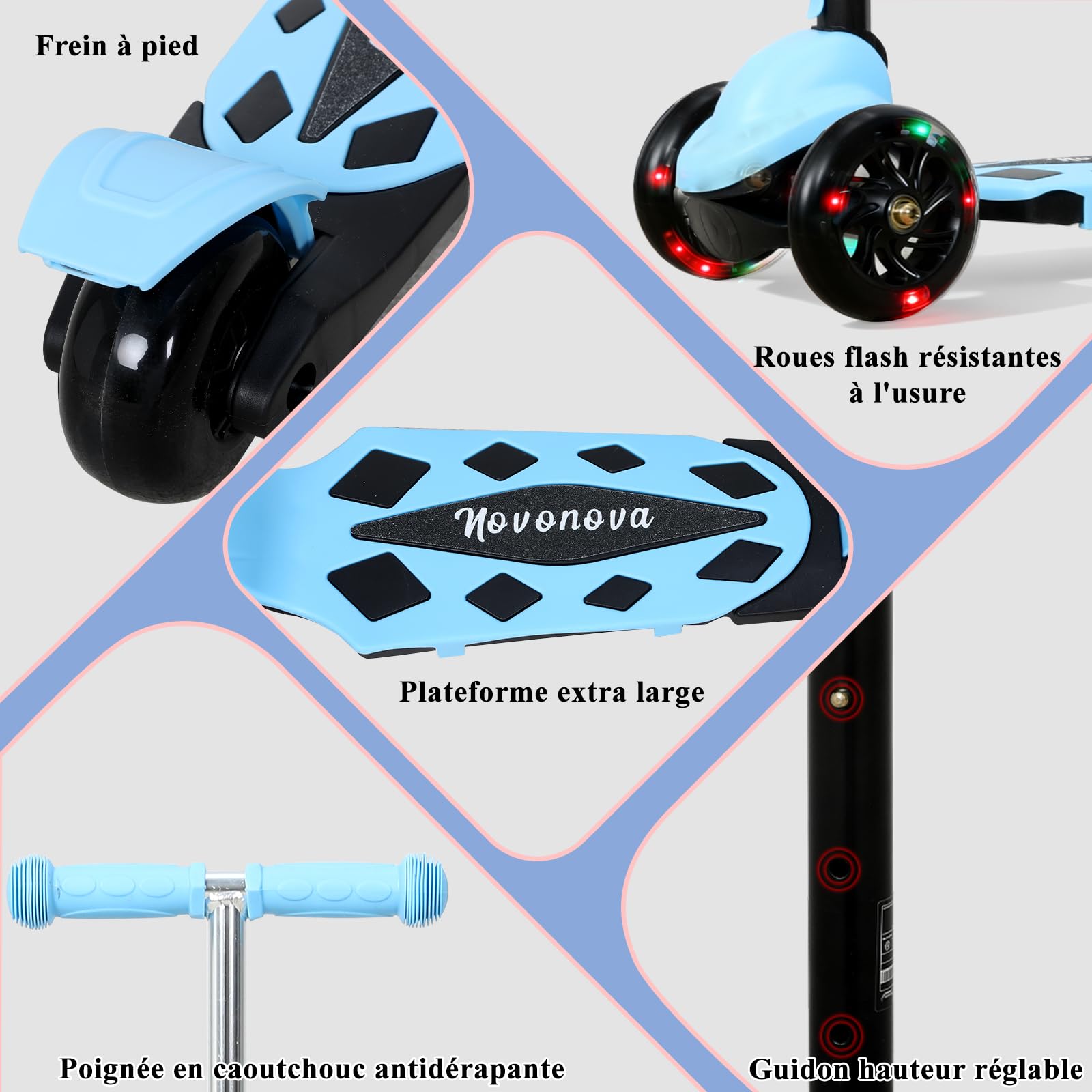 Trottinette Enfant Pliable Classique 3 Roues Antidérapant, Trotinette Enfant 2-5 Ans Guidon Réglable en Hauteur 3 Niveaux(57-72CM), Trottinette Adolescent Roue Lumineuse LED, Enfant 80~120 CM