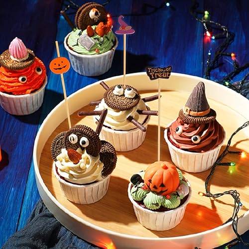 Miniatura 4 de Púas de cóctel de Halloween, 100 palillos de dientes decorativos para aperitivos, brochetas de bambú de 4.7 pulgadas de largo, palillos de madera