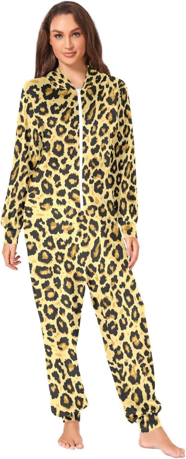 ZZKKO Vintage Leopard Pattern Adult Onesie Pajamas for Women Men Cozy One Piece Pajamas Costume Zip-Up Hooded S-XL