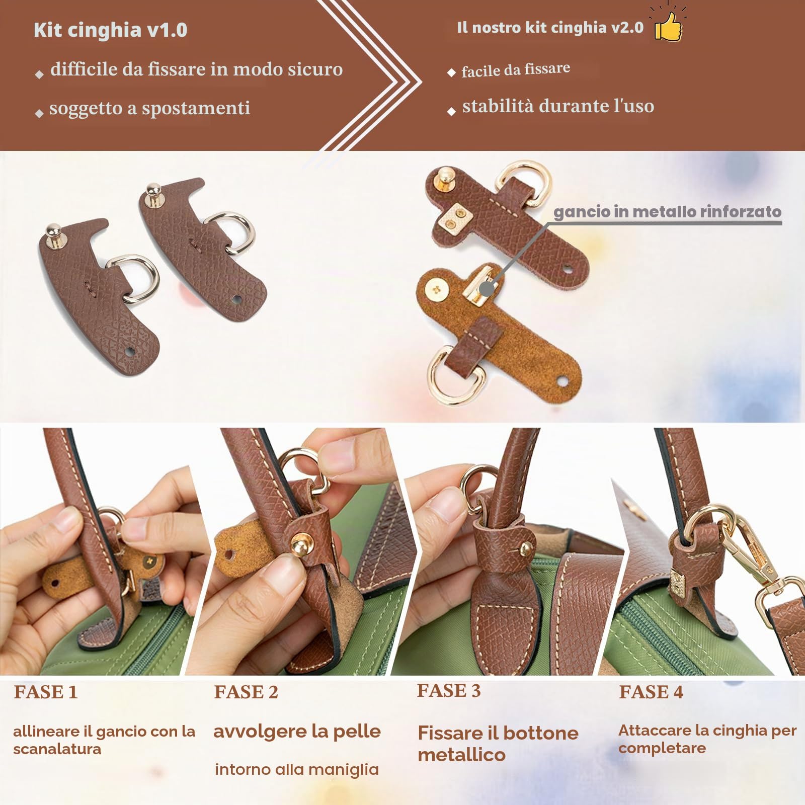 Tracolla Per Borsa Longchamp in PU Leahter Cinturino Donna Cinghia Tracolla Catena Regolabile Cintura Cinghie Spalla Accessori brown gold 2.5cm