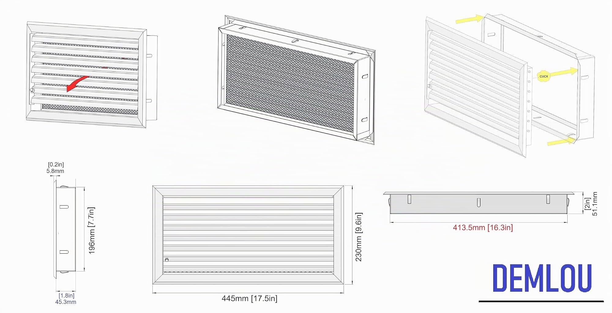 Rejilla de Ventilación de Aluminio – Lamas Curvadas Regulables – Flujo de Aire Controlado – Marco de Instalación y Malla – Interior y Exterior – 40 x 20 cm.