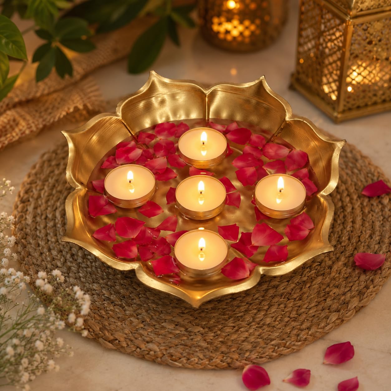 Metal Lotus Shaped Hammered Urli Bowl, Gold, 7 inches Diameter, Tealight Candle Holder for Home Décor-image-8