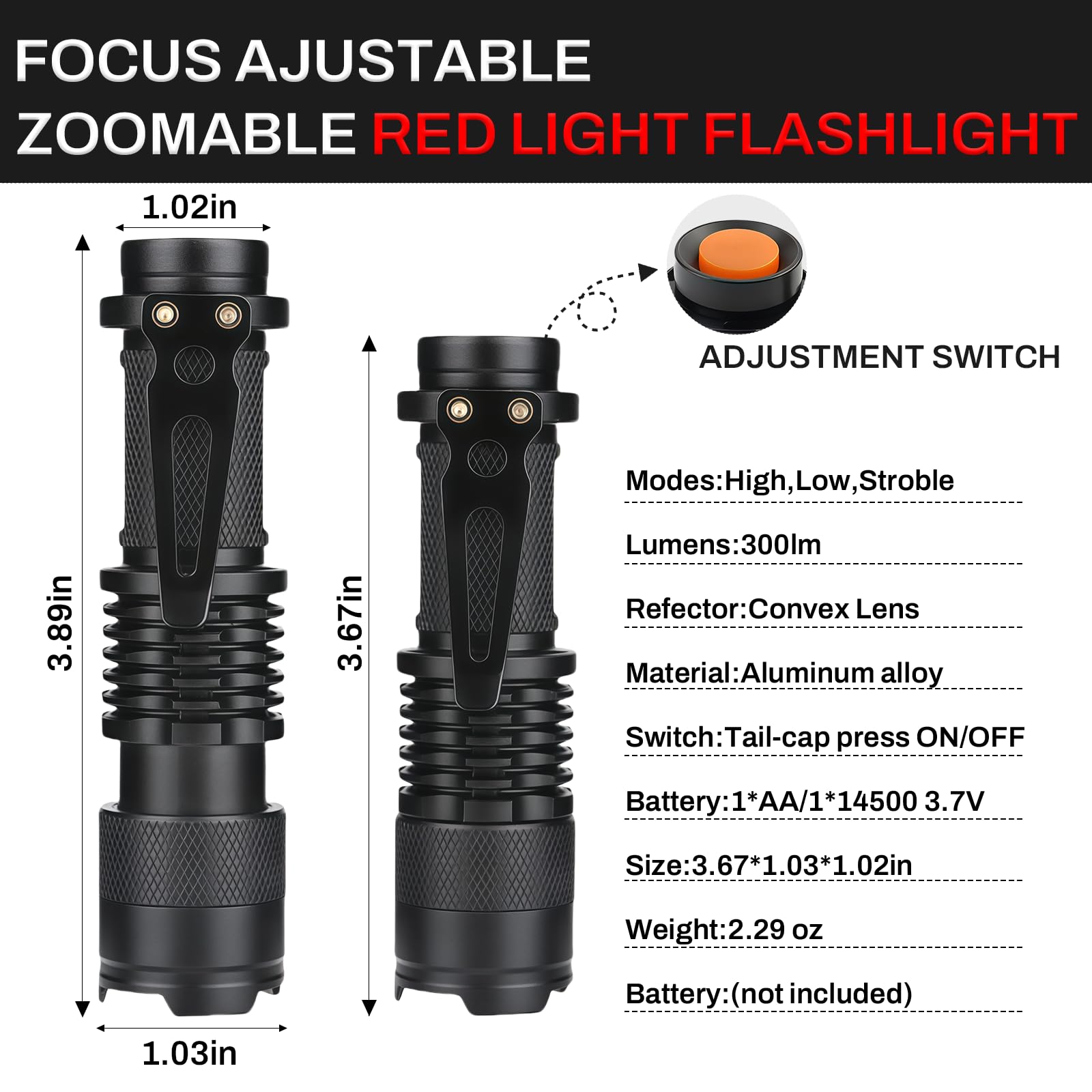 Torcia a LED Rossa Impermeabile Zoomabile 3 Modalità per Caccia Notturna