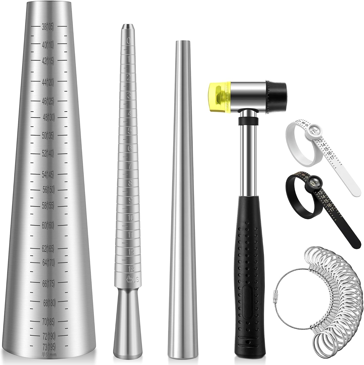 HappyAlley All-in-One Bracelet & Ring Sizer Set, Includes Metal Bracelet Mandrel, Metal Ring Mandrel, Rings Forming Stick, Rubber Mallet Hammer, Finger Sizers for Measuring, Finger Size Gauge
