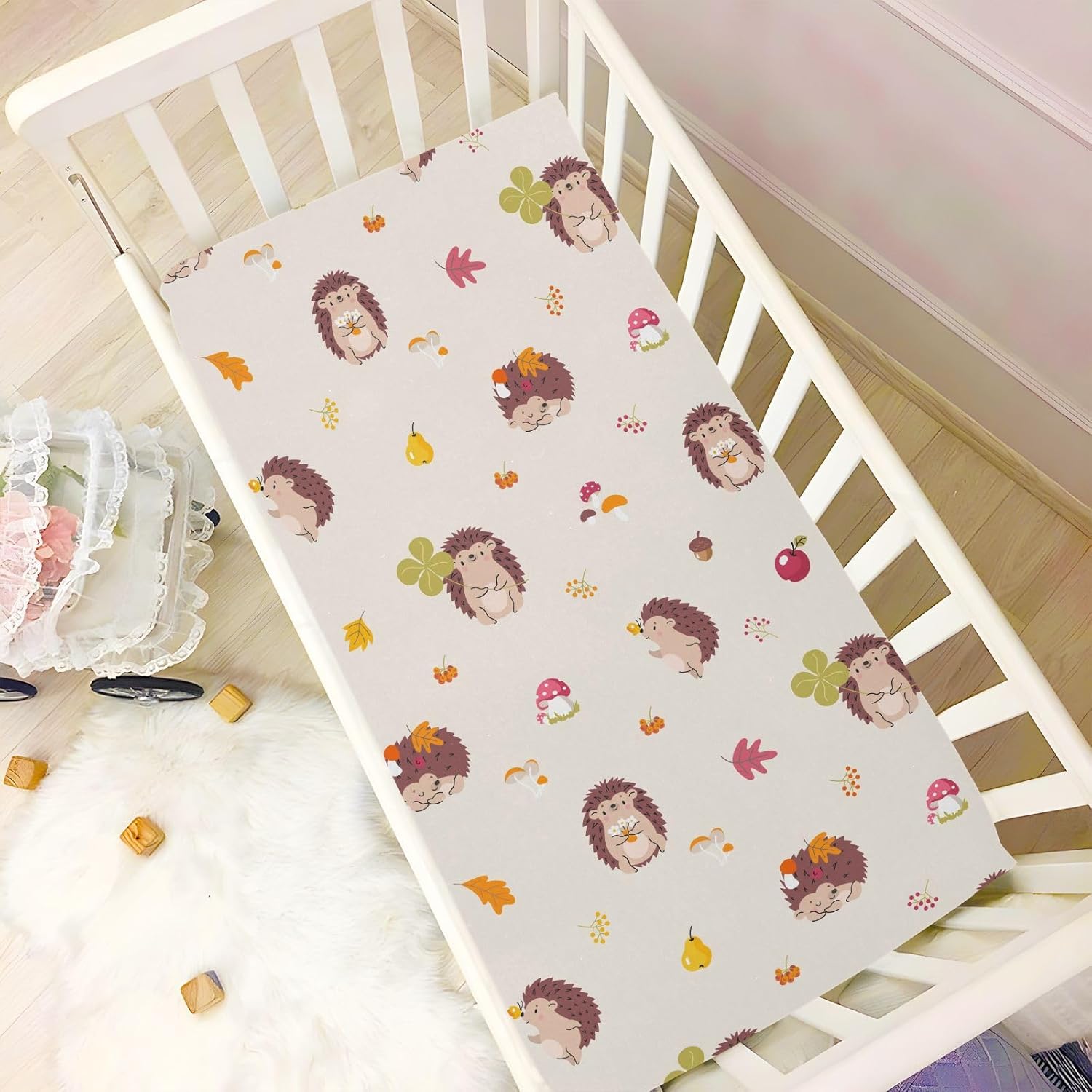 Fitted Crib Sheets Fall Hedgehog Stretchy Portable Playard Sheets for Baby Toddler, Breathable Soft Mini Crib Mattress 52 x 28 in for Boys and Girls