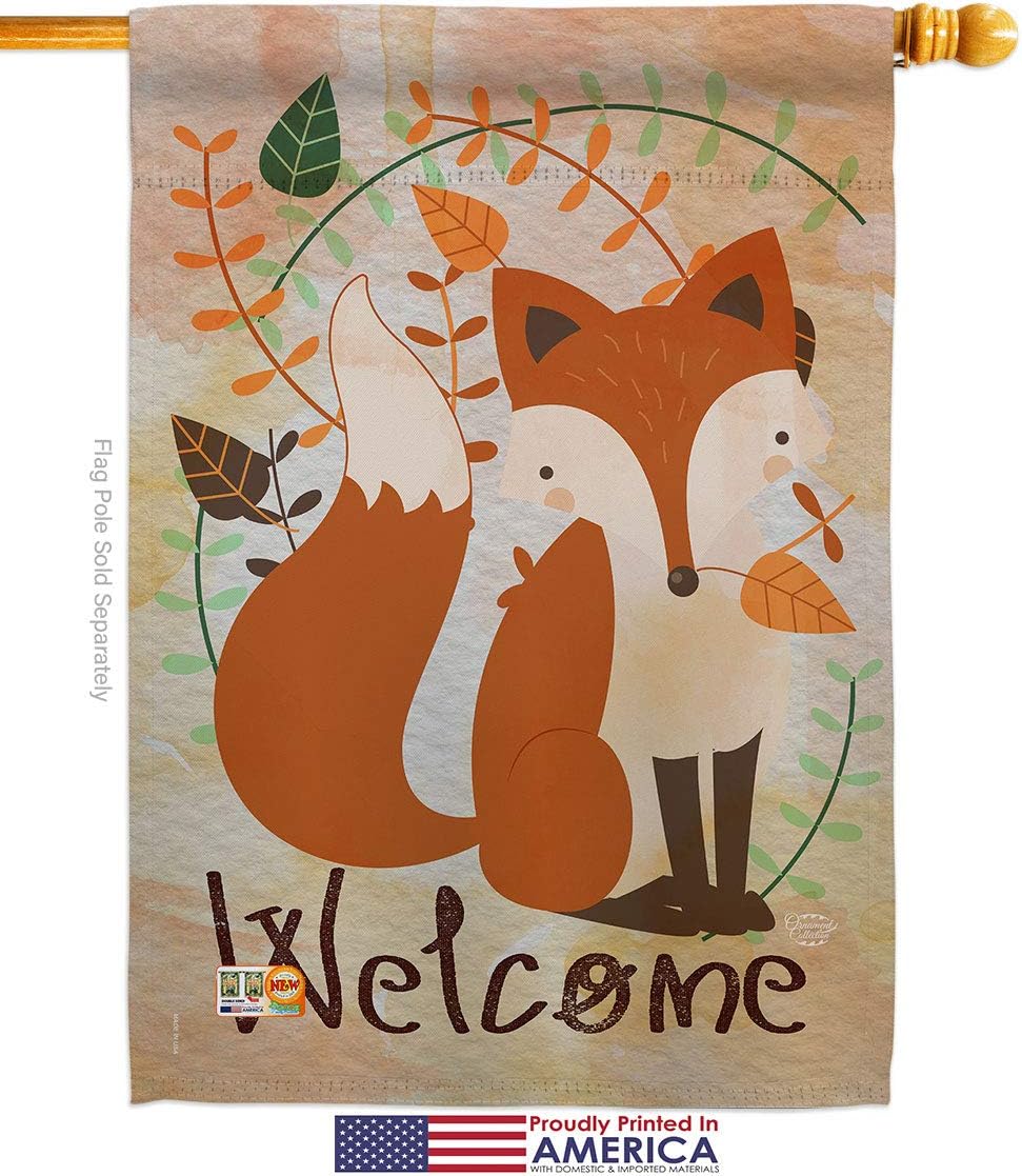 Welcome Fox House Flag Dowel Set Animals Wildlife Outdoor Deer Bear Wolf Pet Nature Farm Animal Creature Small Decorative Gift Yard Banner Made in USA 28 X 40