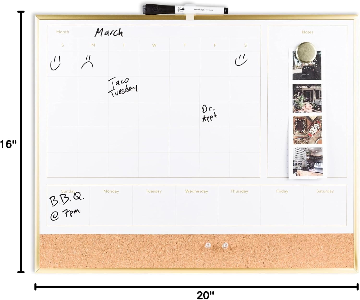 U Brands 4-in-1 Dry Erase Calendar Planner White Board with Gold Frame, Office Supplies, with Marker, Magnet, 16” x 20”