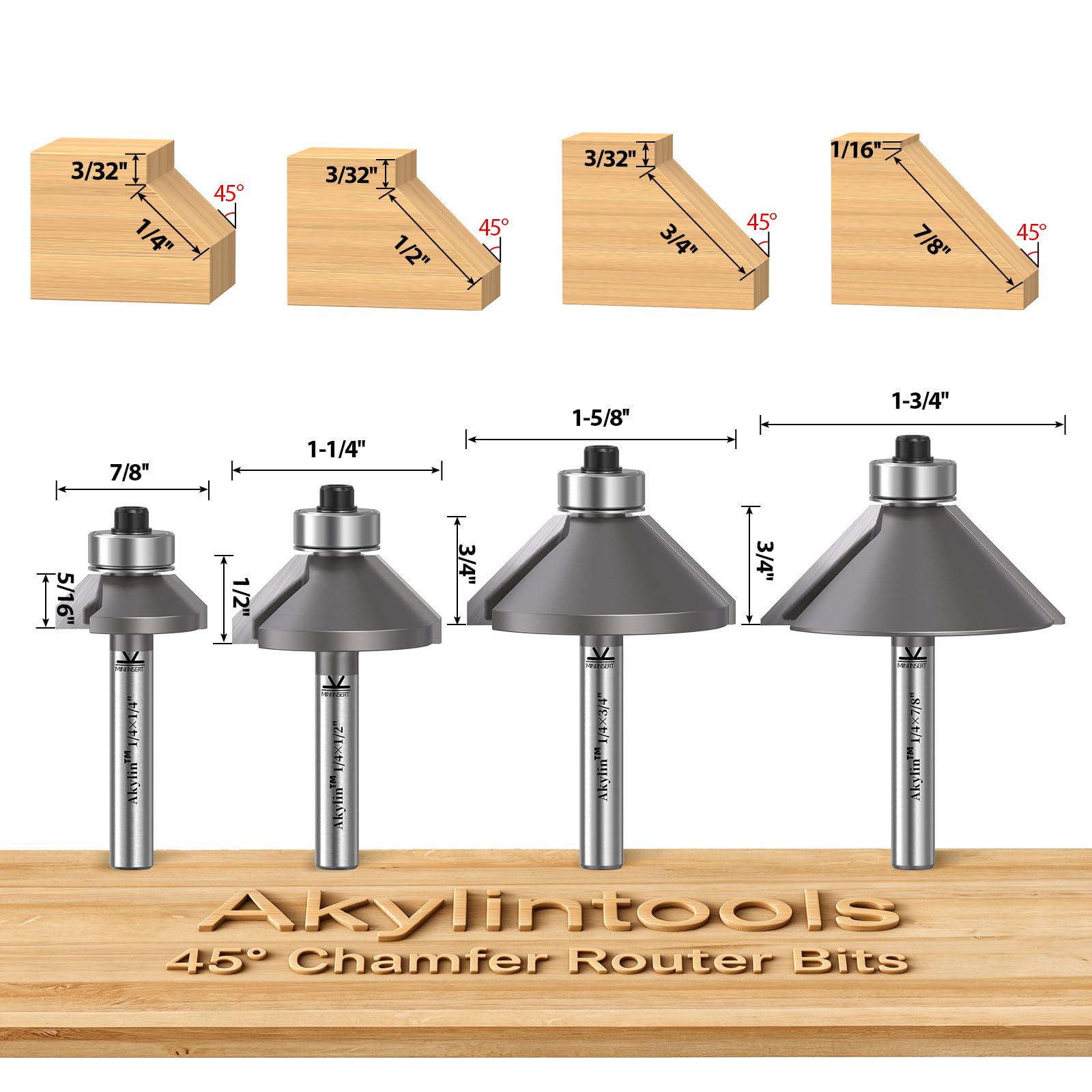 Chamfer Router Bits - 4Pcs 45° Set for Woodworking -2
