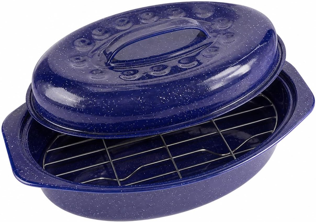 Oval Roasting Pan with Lid & Rack, Blue Speckled Enamel Turkey Roaster (6, 13/16 inch)
